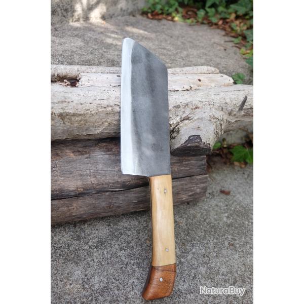 Couteau de Cuisine Style Japonais Nakiri Couperet Lame Acier Carbone 1075 Manche Bois Fab Artisanat