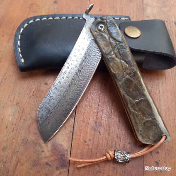 Unique et Splendide Couteau HIGONOKAMI DAMAS Manche en Laiton et CROCO