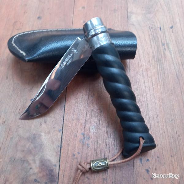 Magnifique Couteau OPINEL N 8 Inox Custom  Manche en �bene Sculpt� avec �tui en cuir Artisanal