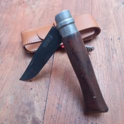Joli Couteau OPINEL N10 Carbone 2 Pi&eacute;ces Manche en Bois avec &Eacute;tui en cuir made in France