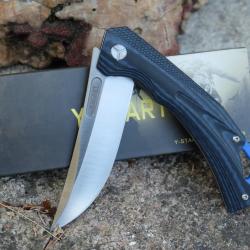 Couteau Y-Start Lame Scrimitar Acier D2 Stonewash Manche G10 Black Liner Lock Clip