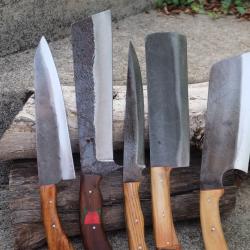 Lot de 5 Couteau de Cuisine Style Japonais Couperet Lame Acier Carbone 1075 Manche Bois Artisanale