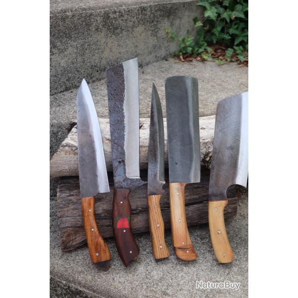 Lot de 5 Couteau de Cuisine Style Japonais Couperet Lame Acier Carbone 1075 Manche Bois Artisanale