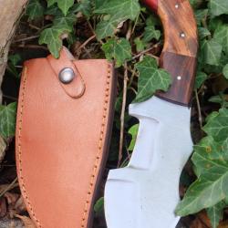 Couteau Bushcraft Trakker Survie Lame Acier Carbone 1055 Manche Bois Etui Cuir Fab Artisanale