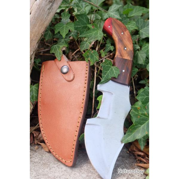 Couteau Bushcraft Trakker Survie Lame Acier Carbone 1055 Manche Bois Etui Cuir Fab Artisanale