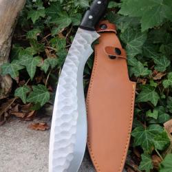 Grand Couteau Kukkri Gurkha Lame Acier Carbone 1055 Martel&eacute;e Manche Micarta Etui Cuir Fabr Artisan