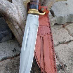 GROS Couteau Crocodile Dundee Bowie Alamo Leather Lame Acier Carbone Manche Cuir Etui Cuir