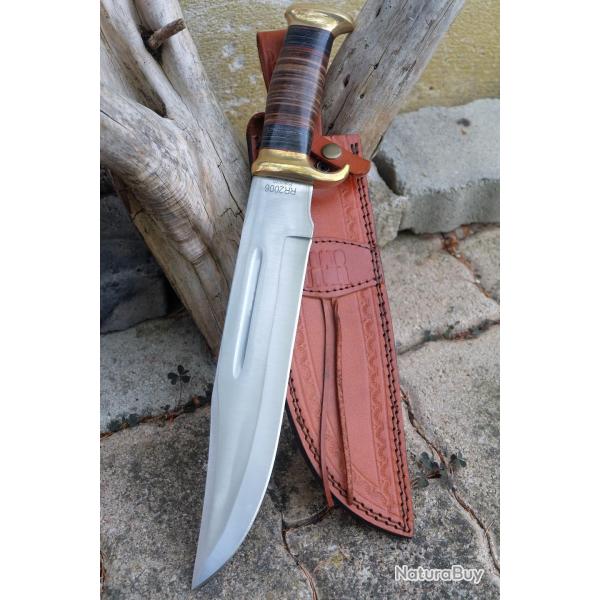 GROS Couteau Crocodile Dundee Bowie Alamo Leather Lame Acier Carbone Manche Cuir Etui Cuir