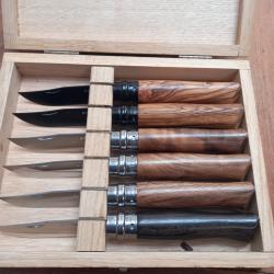 Lot de 6 Couteaux OPINEL N 8 Inox Manche en Olivier, Ch&ecirc;ne, noyer et &Eacute;b&egrave;ne dans un coffret en Bois