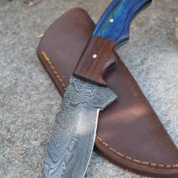 Skinner Couteau Damas Lame 256 Couches Lame Drop Point Manche Atlantide Fabr Artisanale Etui Cuir