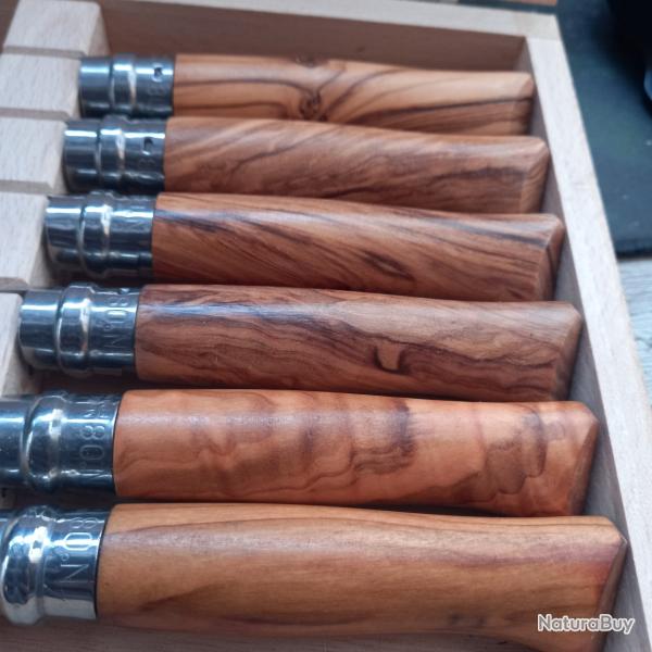 Lot de 6 Couteaux OPINEL N 8 Inox Manche en OLIVIER Veinage Prononc� dans un coffret en Bois