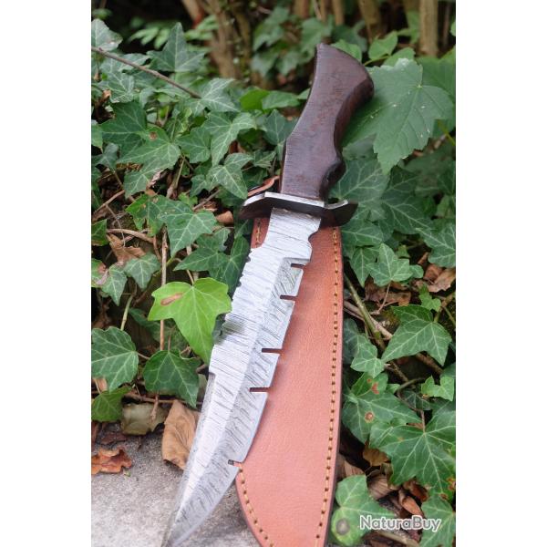 Couteau Poignard Lame Acier Damas 256 Couches Manche Bois Garde Damas Etui Cuir Fabric Artisanale