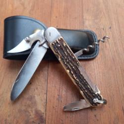 Solide Couteau BOULEDOGUE Chasseur BARGEON 4 Pi&eacute;ces Manche en Imitation Bois de Cerf &Eacute;tui