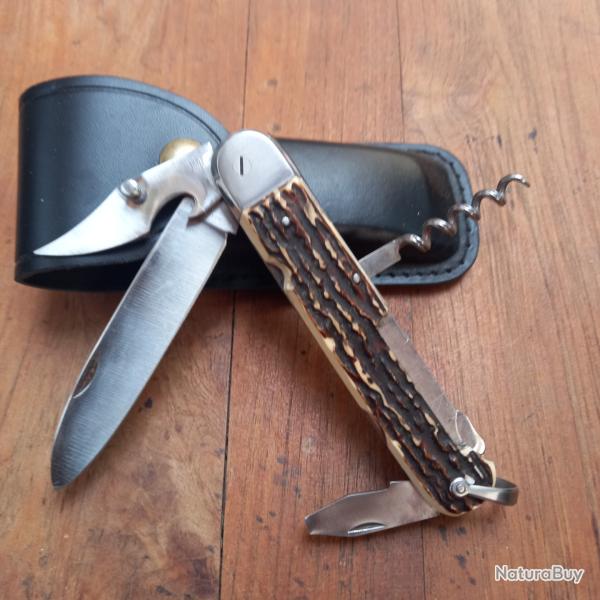 Solide Couteau BOULEDOGUE Chasseur BARGEON 4 Pi�ces Manche en Imitation Bois de Cerf �tui