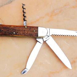 COUTEAU DE CHASSE 4 Pc  &agrave; POMPE "ANTON WINGEN Jr" SOLINGEN GERMANY " VINTAGE 1950 CERF+ ETUI CUIR