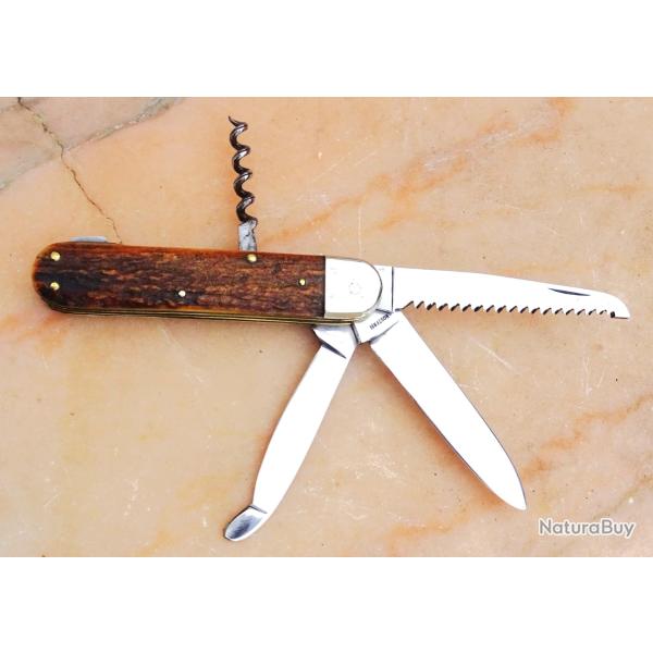 COUTEAU DE CHASSE 4 Pc  � POMPE "ANTON WINGEN Jr" SOLINGEN GERMANY " VINTAGE 1950 CERF+ ETUI CUIR