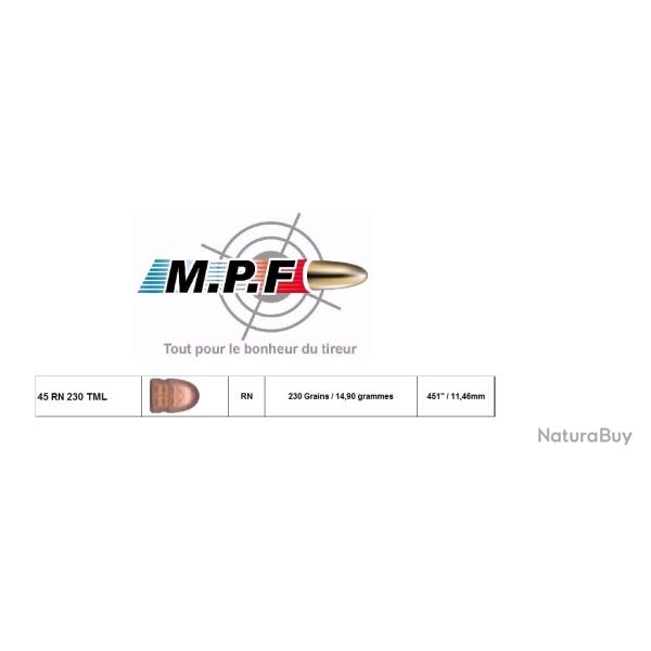 Ogives MPF 45 Colt RN 230 Gr TML �451" / 1000 Projectiles Cuivr�es speciale TIR WESTERN SPORTIF