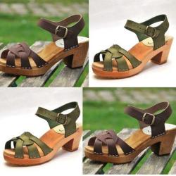 Sandales sabots su&eacute;doises femme en cuir nubuck et talon haut bois 36 vert kaki bois naturel