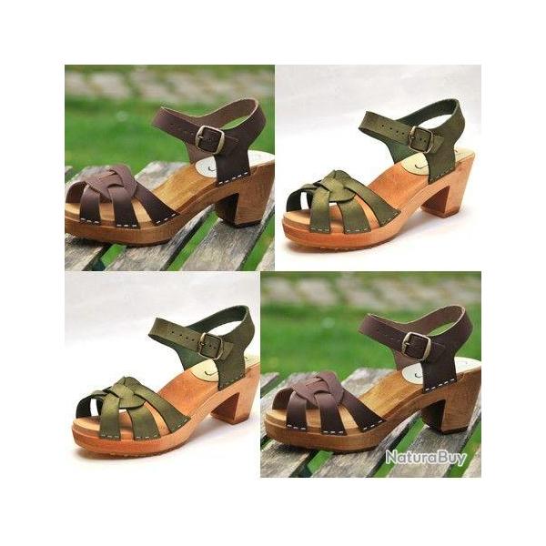 Sandales sabots su�doises femme en cuir nubuck et talon haut bois 36 vert kaki bois naturel