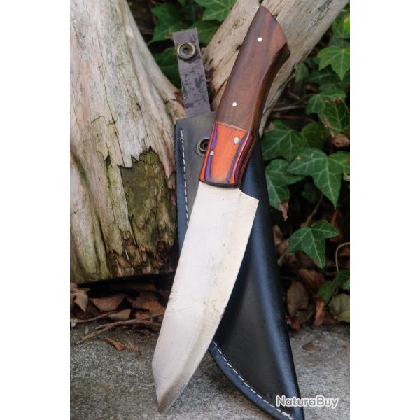 Couteau de Rando Cuisine Lame Tanto Reverse Acier Inox Manche Bois Fabr Artisanale Etui Simili Cuir