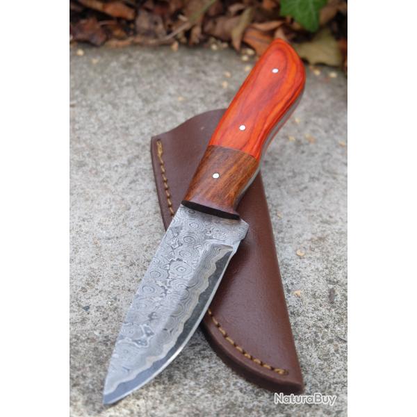 Beau Skinner Couteau Damas Lame 256 Couches Lame Drop Point Manche 2 Bois Fabr Artisanale Etui Cuir