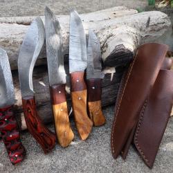 Lot de 5 Skinner Poignard Couteau Damas Lame 256 Couches Manche Bois Fabric Artisanale Etui Cuir