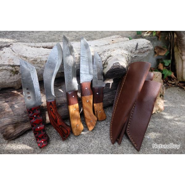 Lot de 5 Skinner Poignard Couteau Damas Lame 256 Couches Manche Bois Fabric Artisanale Etui Cuir