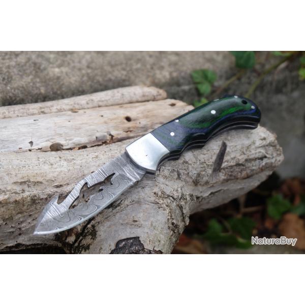 Couteau A D�pecer Petit Gibier Lame Requin Damas 128 Couches Style Buck 112 Manche Bois Artisanale