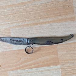 Ancien couteau pliant &agrave; anneau - Manche en corne (24 cm)