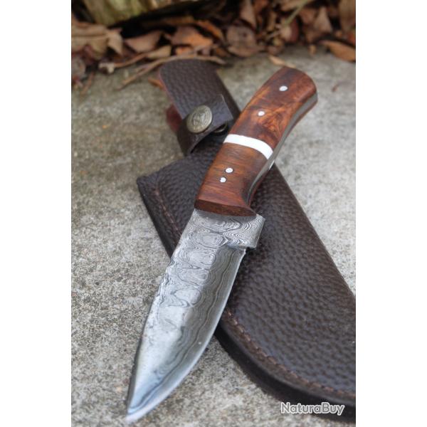 Skinner Couteau Damas Lame 256 Couches Lame Drop Point Manche Bois Fabr Artisanale Etui Simili Cuir