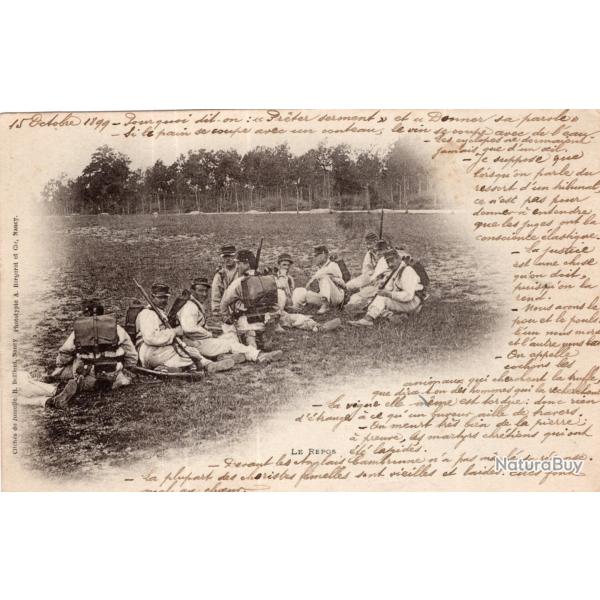 carte postale  militaria  -  PIONNIERE de 1899 TIMBRES AU DOS - une parouille  au repos
