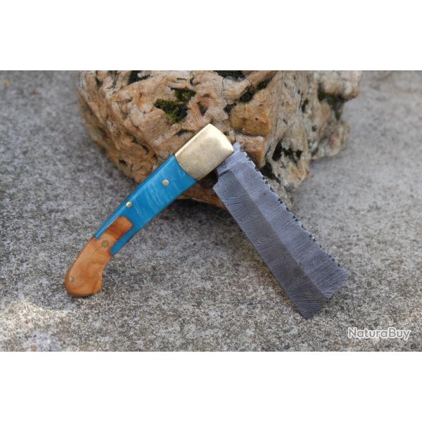 Beau Couteau Gentleman Lame Damas Acier 128 Couches Butcher Manche Bois/R�sine Fab Artisanale