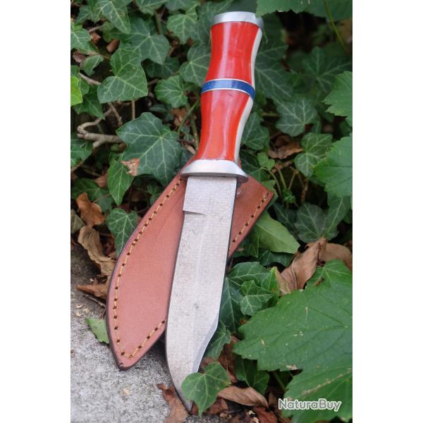 Couteau de Chasse Lame Clip Point Fa�on Damas Manche Abs Conf�d�r� Etui Cuir Fabric Artisanale