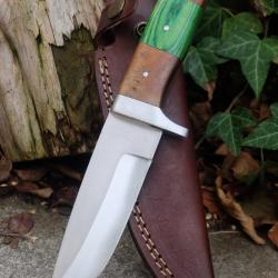 Couteau de Chasse Skinner Lame Drop Point Acier Carbone 1055 Manche 2 Bois Etui Fabr Artisanale