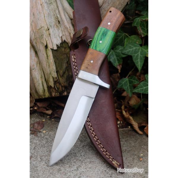Couteau de Chasse Skinner Lame Drop Point Acier Carbone 1055 Manche 2 Bois Etui Fabr Artisanale