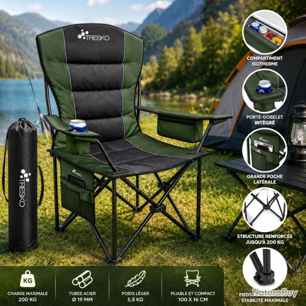 Fauteuil de camping pliable TRESKO XXL Vert - Charge jusqu'� 200 kg