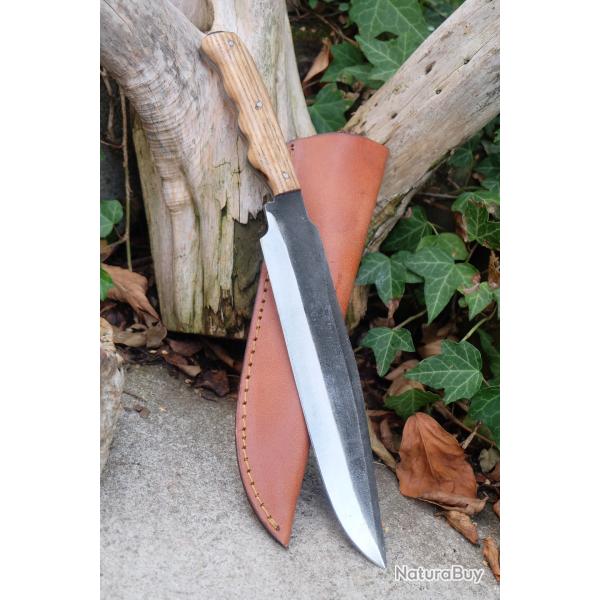 Couteau de Gaucho Argentin Bowie Lame Acier Carbone 1075 Etui Cuir Manche Bois Fabric Artisanale