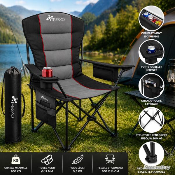 Fauteuil de camping pliable TRESKO XXL Gris - Charge jusqu'� 200 kg