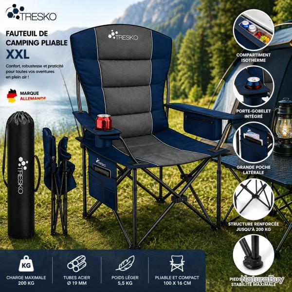 Fauteuil de camping pliable TRESKO XXL Bleu - Charge jusqu'� 200 kg
