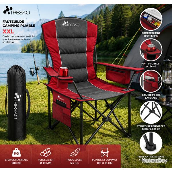 Fauteuil de camping pliable TRESKO XXL Rouge - Charge jusqu'� 200 kg