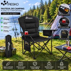 Fauteuil de camping pliable TRESKO XXL Noir - Charge jusqu'&agrave; 200 kg