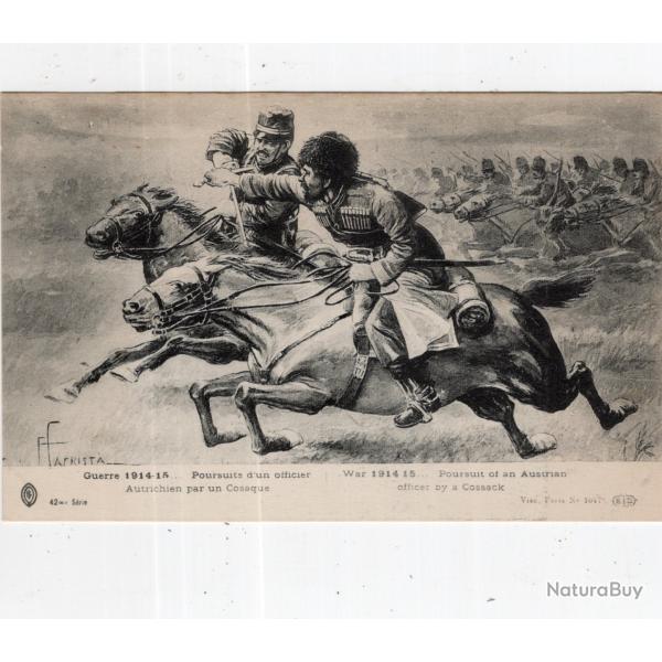 carte  postale   militaria  -  poursuite d'un cavalier autrichien par un cosaque