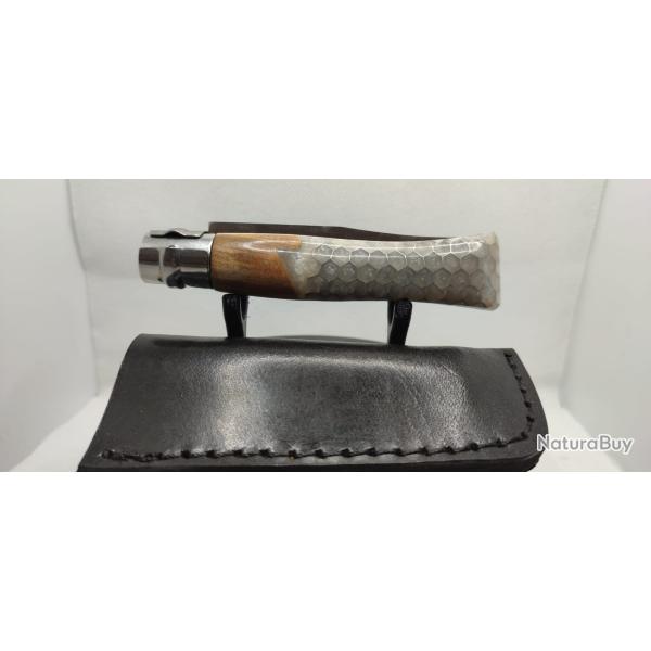 Opinel N�08 Custom - Olivier, R�sine & Nid d'Abeille Aluminium - Blanc Nacr�