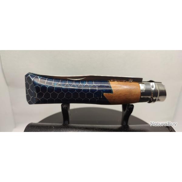Opinel N�08 Custom - Olivier, R�sine & Nid d'Abeille Aluminium - Bleu P�trole