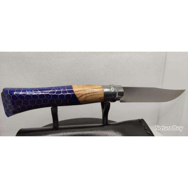 Opinel N�08 Custom - Olivier, R�sine & Nid d'Abeille Aluminium - Bleu Roi