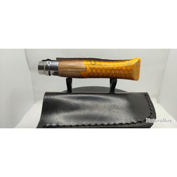 Opinel N�08 Custom - Olivier, R�sine & Nid d'Abeille Aluminium - Orange