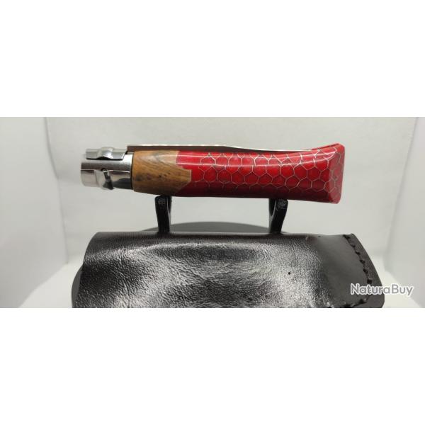 Opinel N�08 Custom - Olivier, R�sine & Nid d'Abeille Aluminium - Rouge Vif