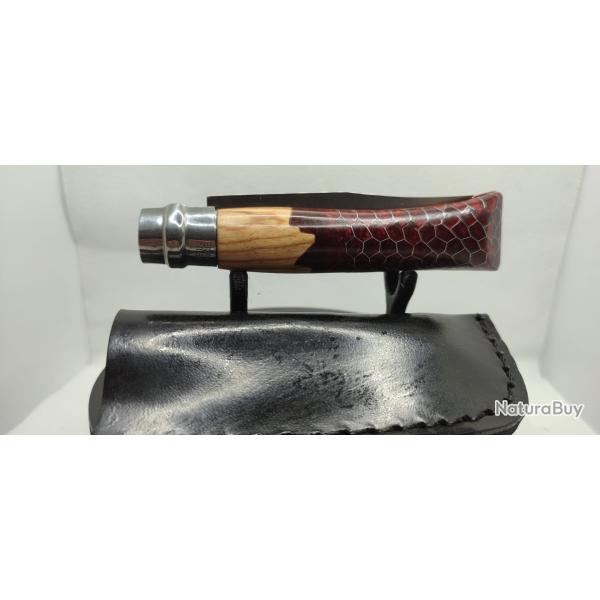 Opinel N�08 Custom - Olivier, R�sine & Nid d'Abeille Aluminium - Rouge Grenat