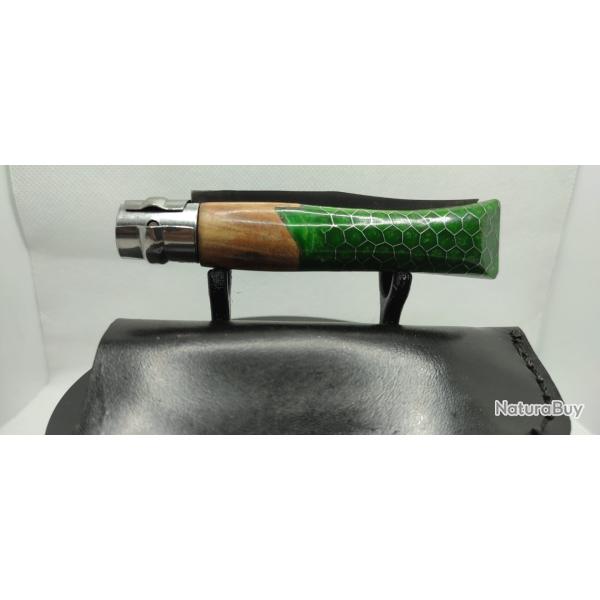 Opinel N�08 Custom - Olivier, R�sine & Nid d'Abeille Aluminium - Vert