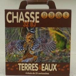Pack de 100 Cartouches de marque Terre & eau 12/70 32gr Bourre &agrave; jupe en plombs n&deg;9
